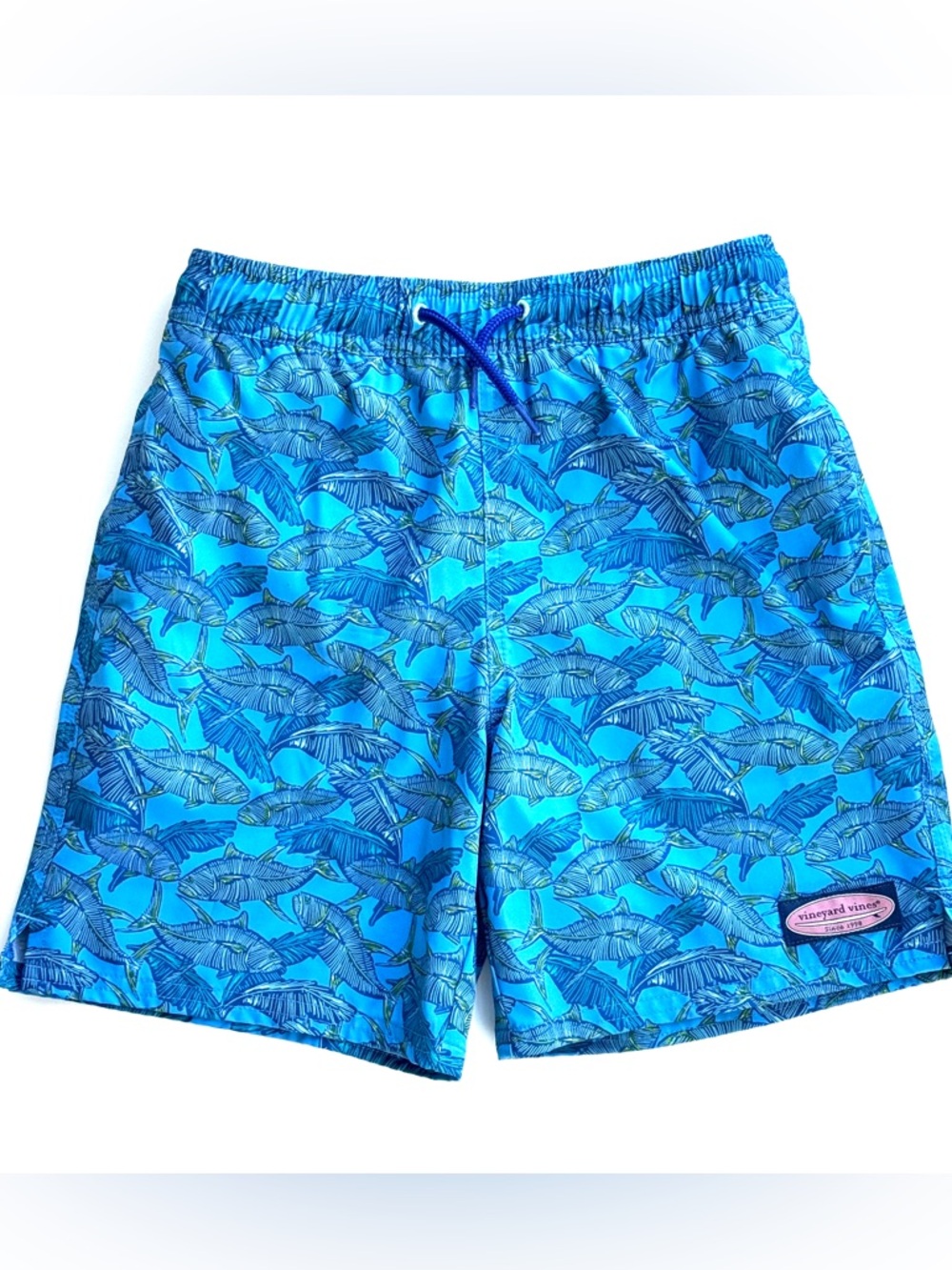 Vineyard Vines Bright Blue Fish-Pattern Kids Swim Trunks